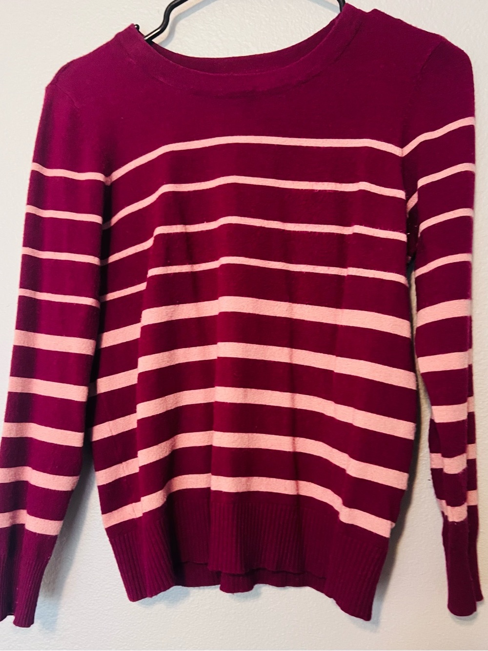 Liz Claiborne Berry and Light Pink Striped Crewneck Sweater